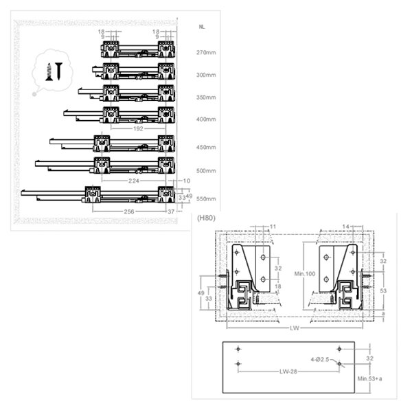 (109731) Комплект выдвижного ящика Unihopper Mental box - 2 350 мм.сереб