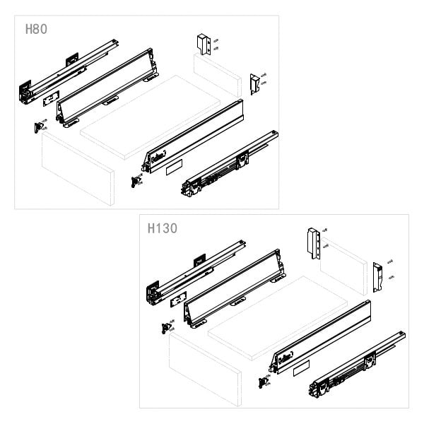 (109761) Комплект выдвижного ящ. Unihopper Mentdl Box-2,H80*450мм серебро, с соединением задней стенки