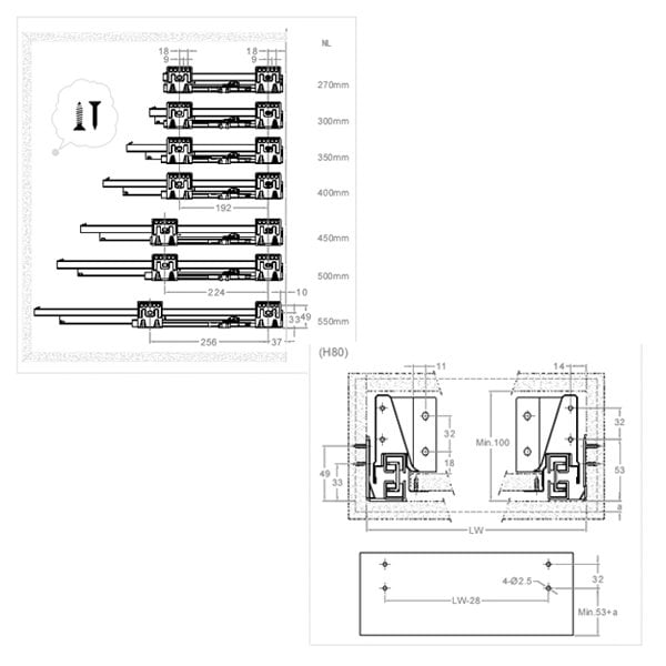 (109761) Комплект выдвижного ящ. Unihopper Mentdl Box-2,H80*450мм серебро, с соединением задней стенки